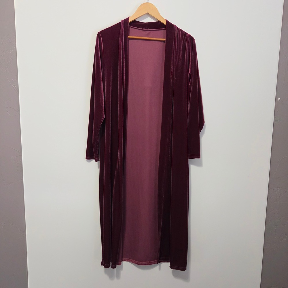 Burgundy Velvet Duster Cardigan XL Whimsigoth Long Open Front Event Stretch